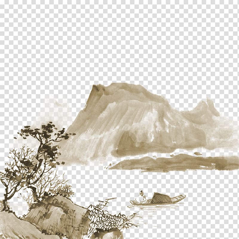brown mountain and tree artwork painting, China Landscape painting India ink Drawing, Mountain Tree ship material transparent background PNG clipart
