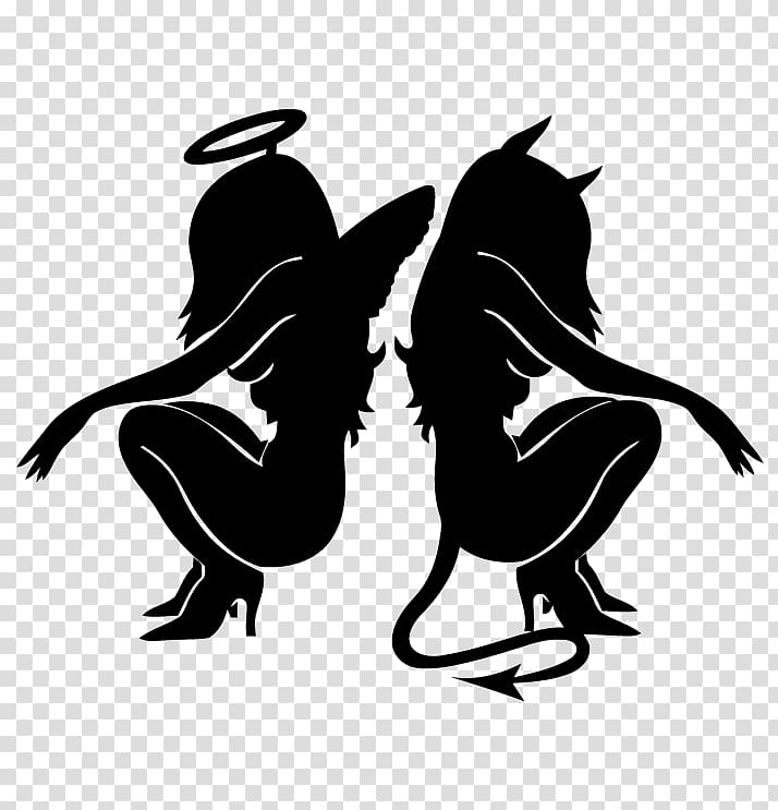 silhouette of devil and angel illustration, Devil Shoulder angel Demon, tattoo girl transparent background PNG clipart