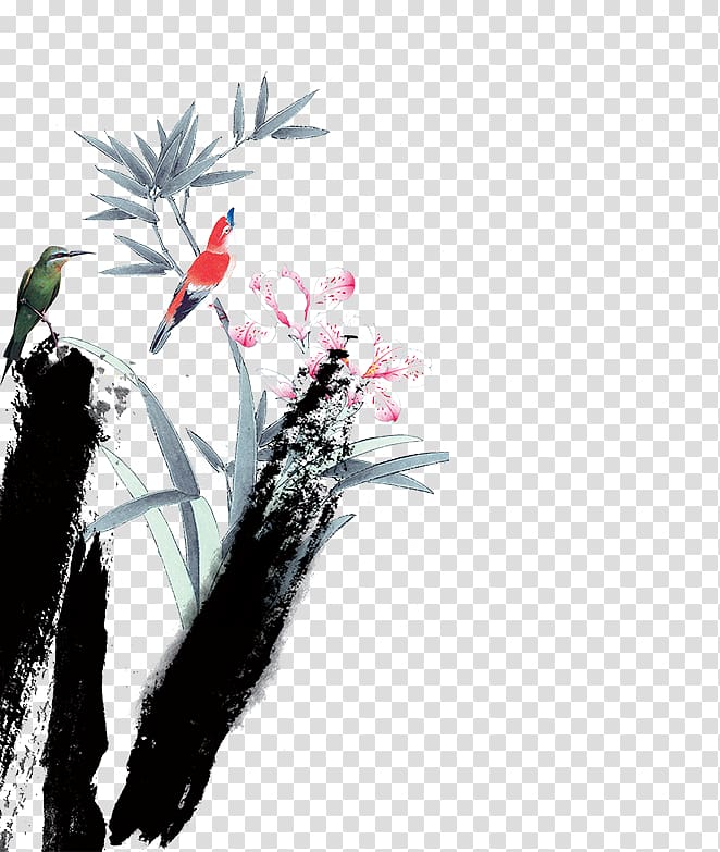 Ink wash painting Chinoiserie Inkstick Shan shui, Ink Bamboo and birds transparent background PNG clipart