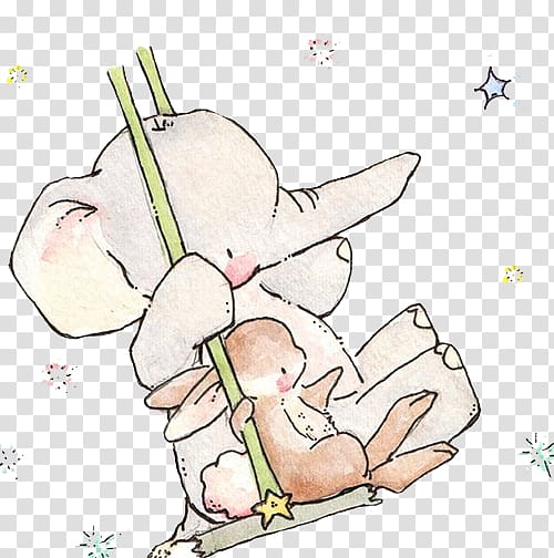 Elephant Rabbit Drawing Paper Child, Painted elephant and rabbit, elephant and rabbit riding swing transparent background PNG clipart