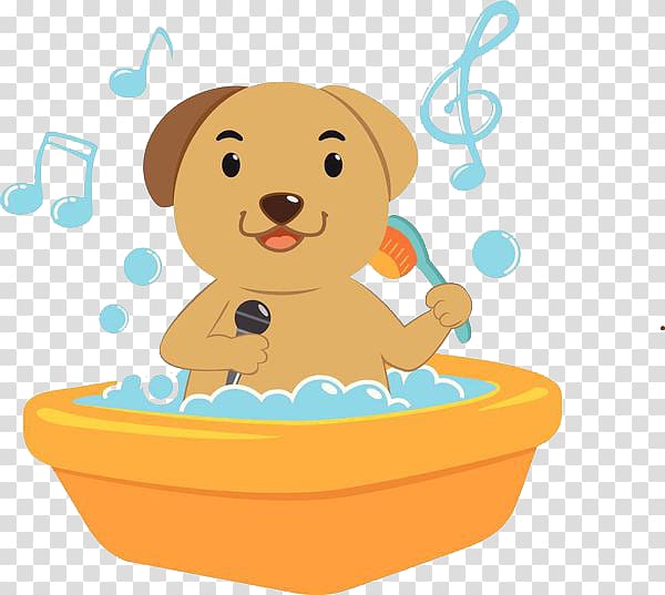 Dog Puppy Bathing Cartoon, Take a bath tub with a microphone in dog transparent background PNG clipart