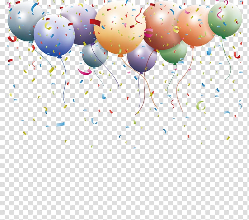 assorted-color balloons and confetti illustration, Birthday cake Party Birthday customs and celebrations Balloon, Festive festivals transparent background PNG clipart