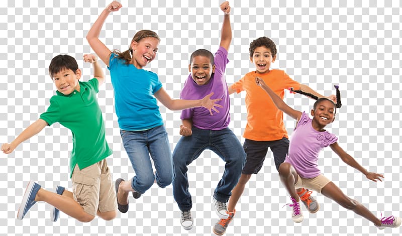 five children jumping, Child YMCA Summer camp Play Party, children playing transparent background PNG clipart