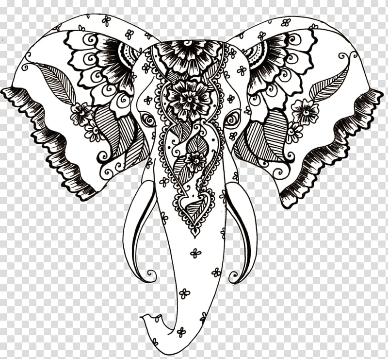 white and black elephant illustration, Henna Style Elephant Tattoo transparent background PNG clipart