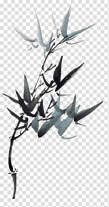 gray leaves painting, Chinese painting Ink wash painting Bamboo Bird-and-flower painting, bamboo transparent background PNG clipart