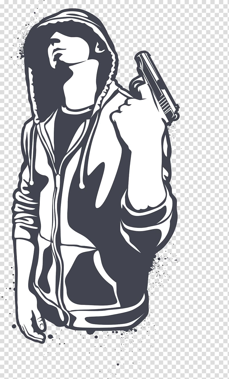 man wearing black and white zip-up hoodie holding semi-automatic pistol illustration, T-shirt Sticker Boy Decal, Cartoon hand gun man transparent background PNG clipart