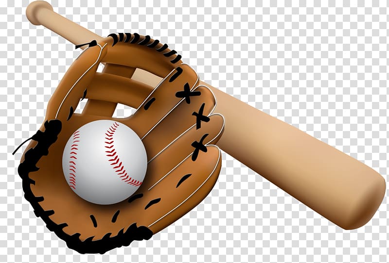 white baseball on baseball mitt beside baseball bat, Baseball Glove and Bat transparent background PNG clipart
