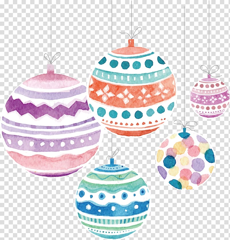 five assorted-color ornament illustration, Santa Claus Pillow Gift Christmas ornament, Watercolor Christmas ball transparent background PNG clipart