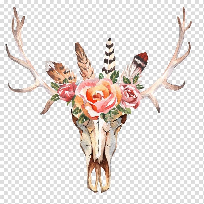 brown and red floral antler illustration, Deer Flower Skull Horn, WATERCOLOR LEAF transparent background PNG clipart