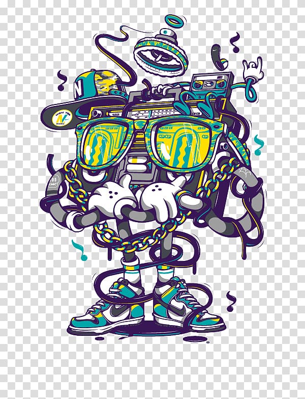 animated boombox wearing sunglasses illustration, Nike Air Max Hip hop Graffiti Shoe, Cartoon robot transparent background PNG clipart