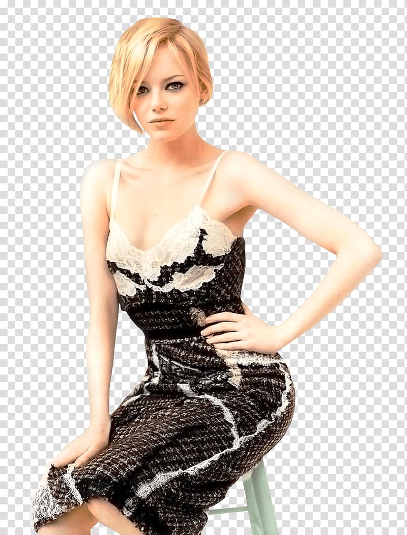 woman in black and white spaghetti strap dress sitting, Emma Stone Sitting transparent background PNG clipart