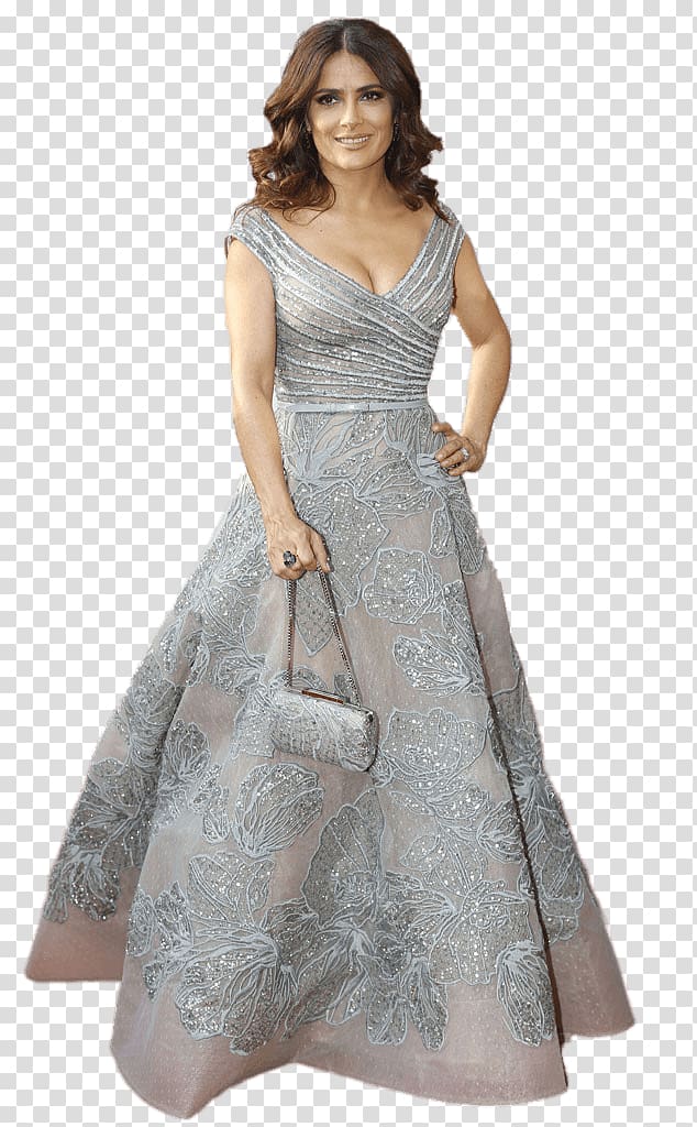 woman in gray plunging neckline sleeveless dress, Salma Hayek Glamour transparent background PNG clipart