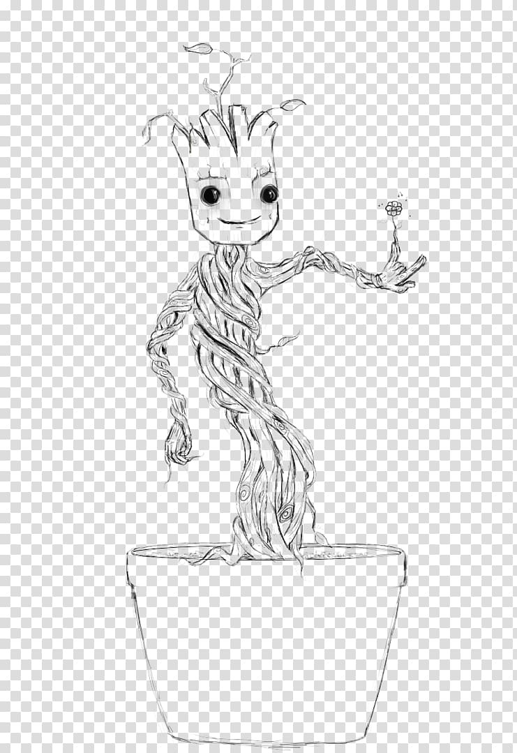 Baby Groot Rocket Raccoon Black and white Drawing, rocket cloud transparent background PNG clipart
