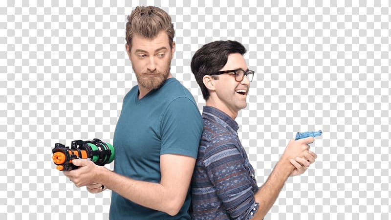 two man holding plastic toy guns, Good Mythical Morning Water Fight transparent background PNG clipart