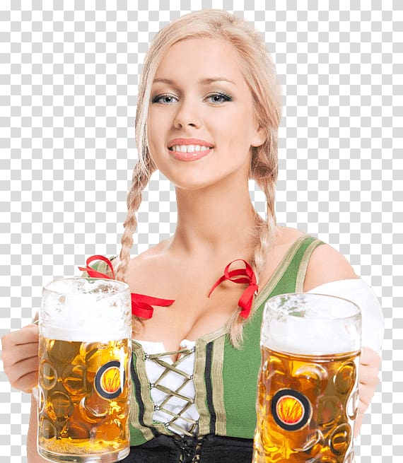 woman holding two filled glass beer mugs, Oktoberfest Service transparent background PNG clipart