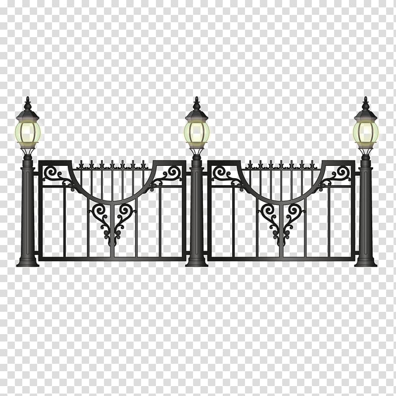 black gate with lamppost illustration, Street light Fence Lantern, Retro iron bar fence transparent background PNG clipart