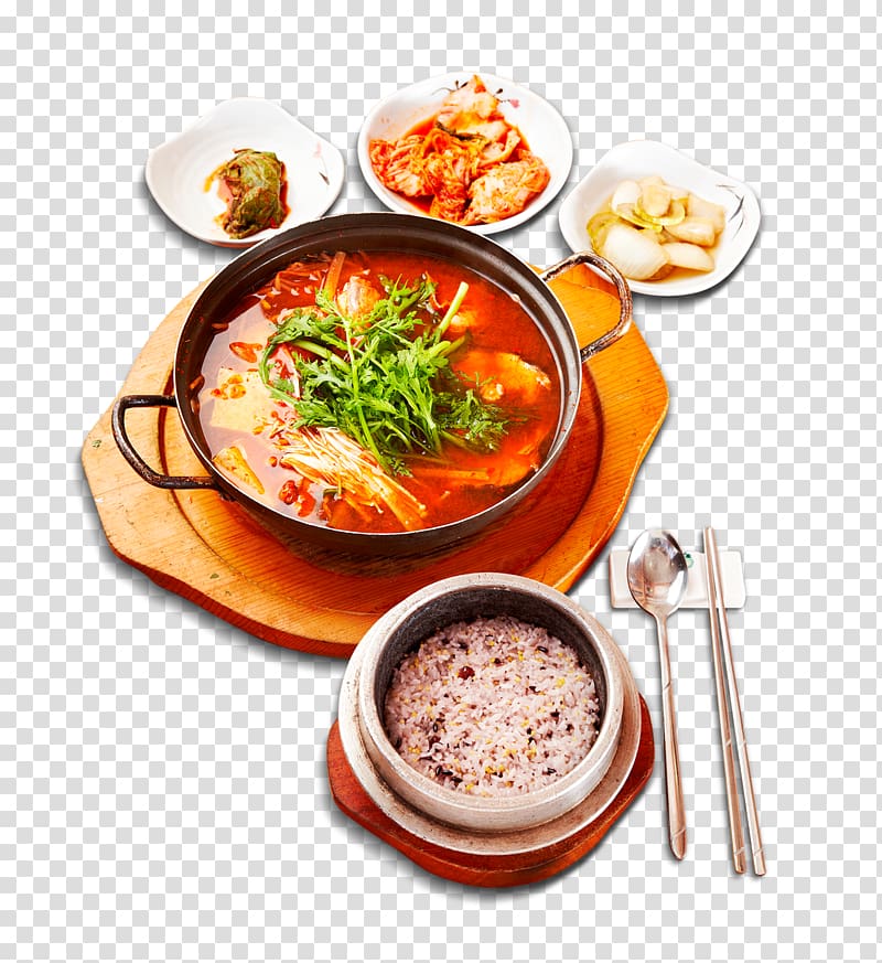 cooked soup on gray steel pot and brown trayt, Korean cuisine Chicken curry Hot pot Fried chicken, Spicy rice spoon chopsticks transparent background PNG clipart
