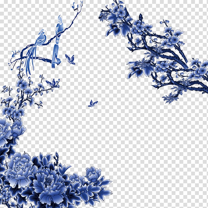 birds on flower , Blue and white pottery Porcelain Computer file, Creative blue and white flowers transparent background PNG clipart