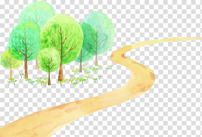 green trees , Cartoon Illustration, Cartoon painted country road transparent background PNG clipart