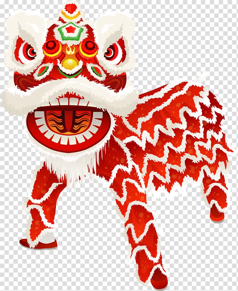 Chinese New Year Lion dance Fat choy Dog, painted red cloth tiger transparent background PNG clipart