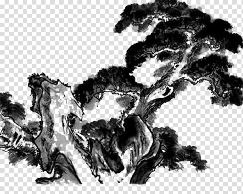 Ink wash painting Chinese painting Tree, Ink rock tree transparent background PNG clipart