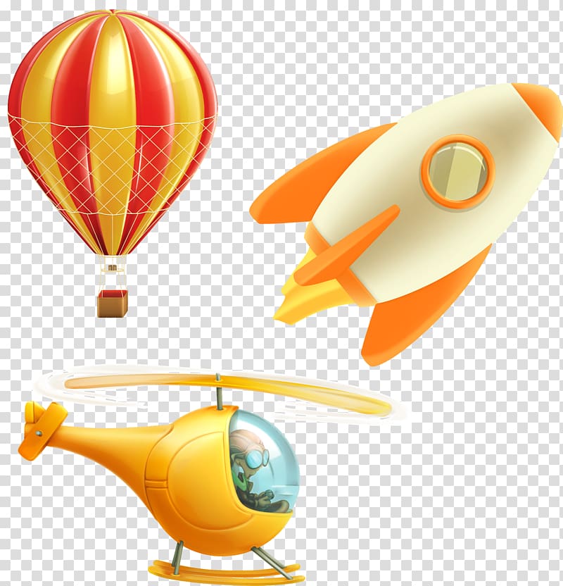 three assorted aircrafts, Helicopter Airplane Flight illustration, cartoon cute hot air balloon helicopter rockets transparent background PNG clipart