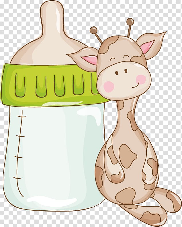 giraffe and feeding bottle illustration, Giraffe Baby shower Infant , Giraffe cartoon material hand-painted bottle transparent background PNG clipart