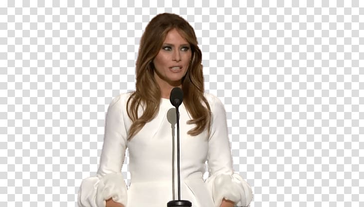 woman talking in front microphone, Melania Trump Speaking transparent background PNG clipart
