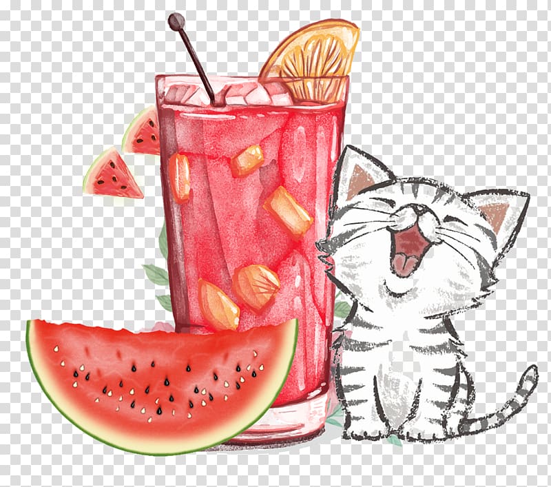 watermelon juice beside kitten illustration, Orange juice Soft drink Cocktail Cat, Avoid digging hand-painted watermelon juice drinks transparent background PNG clipart