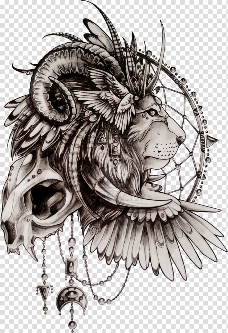 chimera dream catcher illustration, Lion Abziehtattoo Dreamcatcher Flash, chest tattoo transparent background PNG clipart