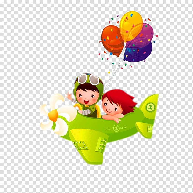 girl and boy riding green plane with balloons , Airplane Cartoon , Cartoon child material transparent background PNG clipart