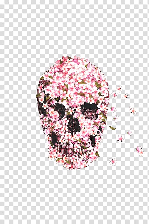 beige and pink floral skull head illustration, Calavera Skull Flower T-shirt Skeleton, Creative Flowers and stuffing skull artwork transparent background PNG clipart