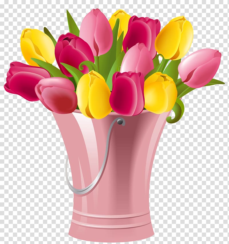 red and yellow flowers illustration, Friday Morning Quotation Blessing, Spring Bucket with Tulips transparent background PNG clipart