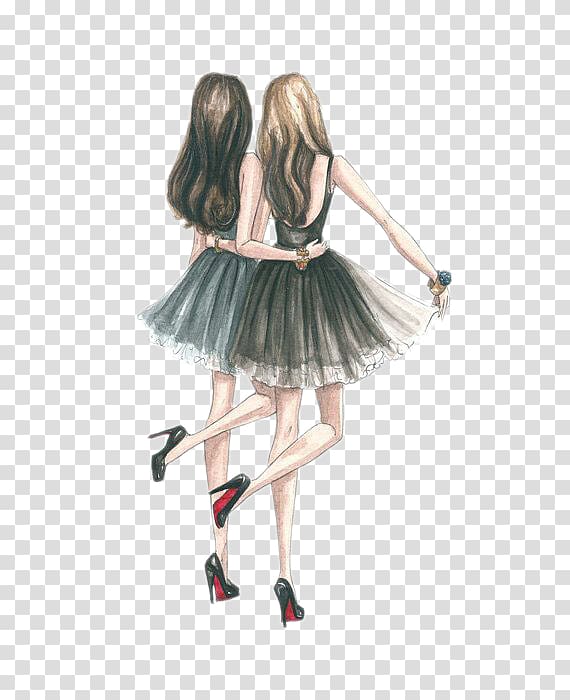 two women wearing dresses illustration, Urdu poetry Joke Friendship Hindi Humour, Two beautiful girl wearing a skirt back transparent background PNG clipart