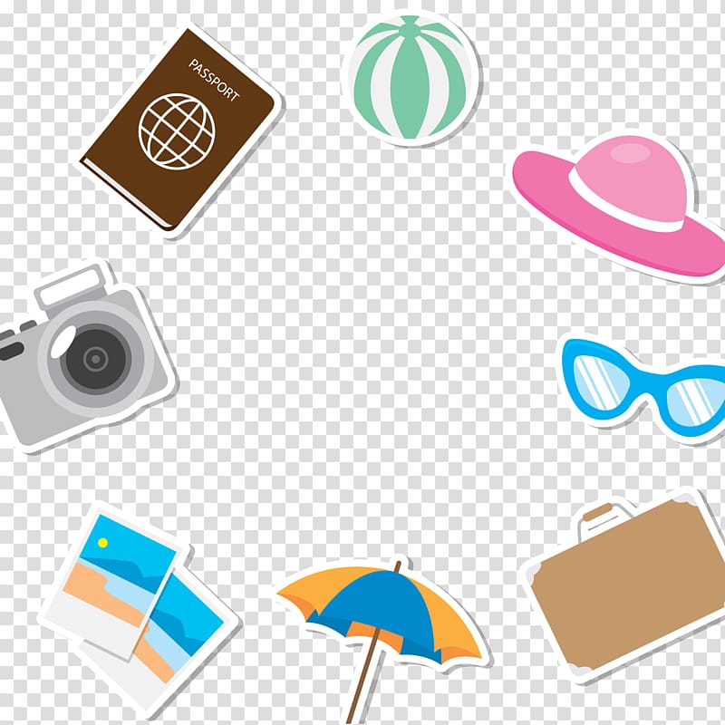 assorted-color camera; umbrella; hat; sunglasses; and case art illustration, Travel Tourism Euclidean , travel equipment background transparent background PNG clipart
