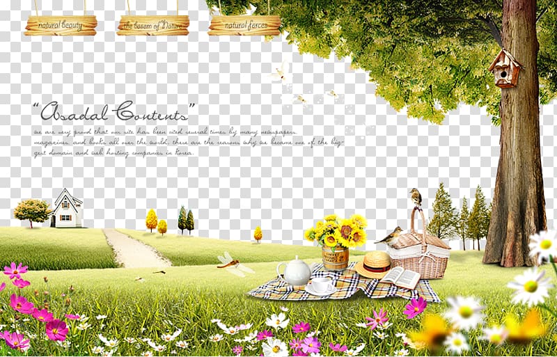 Picnic Fukei Illustration, Straw hats and baskets on the grass transparent background PNG clipart