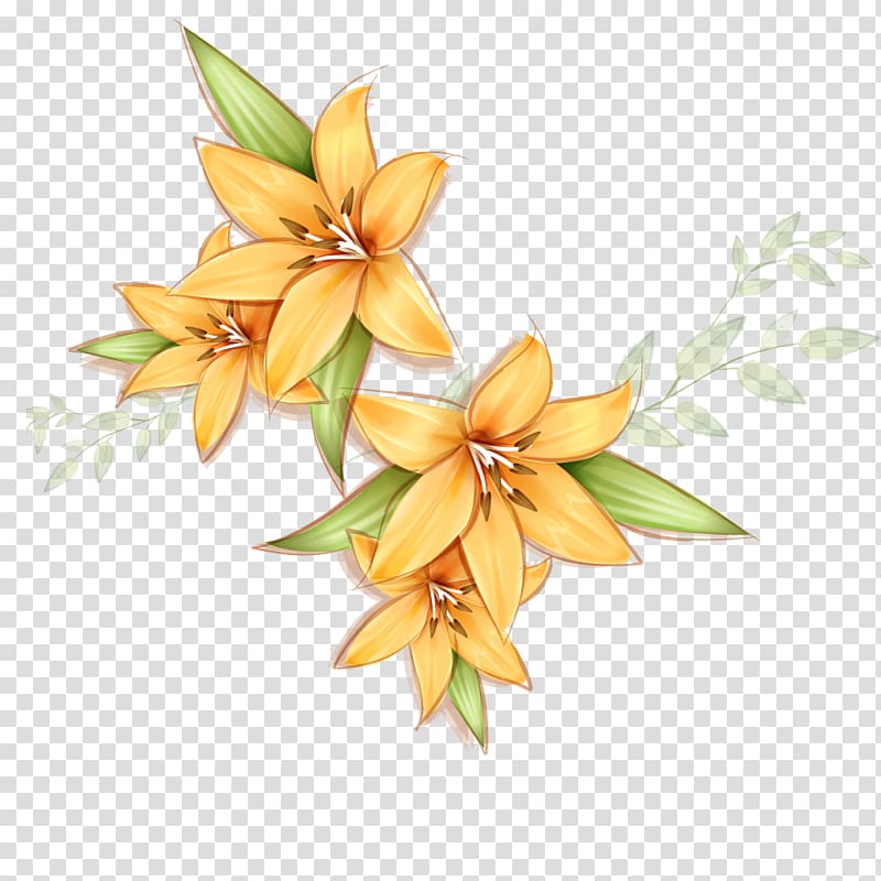 yellow and green lilies border art, Flower Yellow Lilium Petal, Creative hand-painted lily yellow flowers transparent background PNG clipart