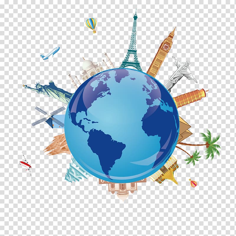blue globe with landmark , Package tour Travel Symbol , global tour transparent background PNG clipart