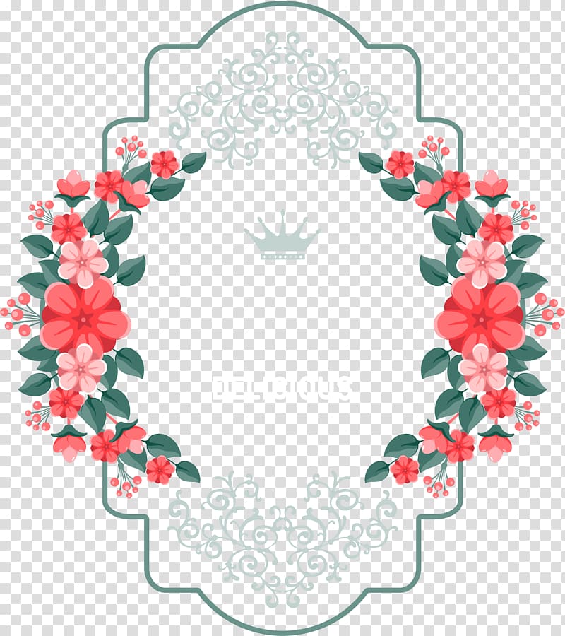pink and green wreath decor, lace flowers elements transparent background PNG clipart