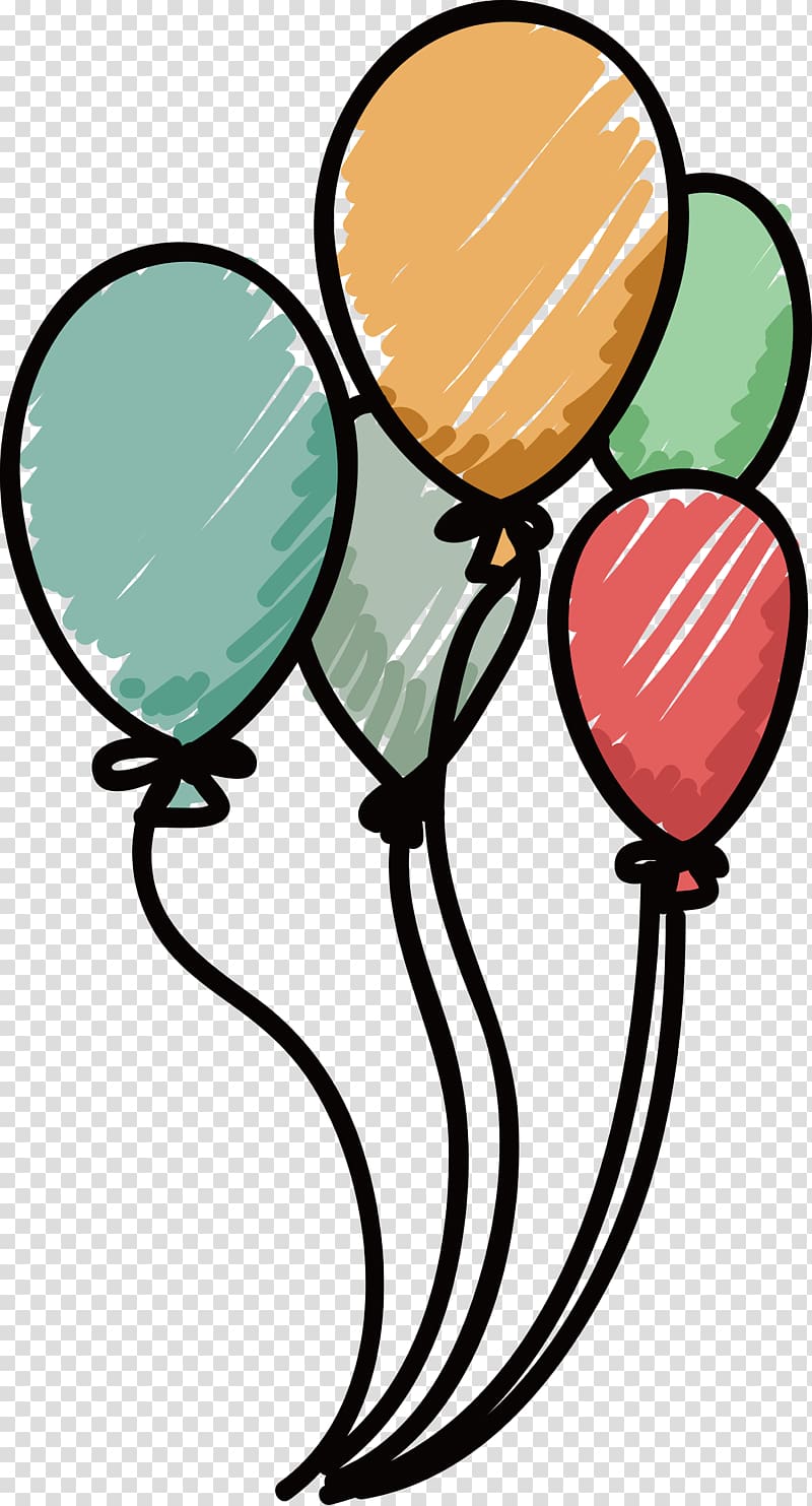 five green, gray, orange, and red balloons illustration, Balloon Drawing, hand colored balloons transparent background PNG clipart