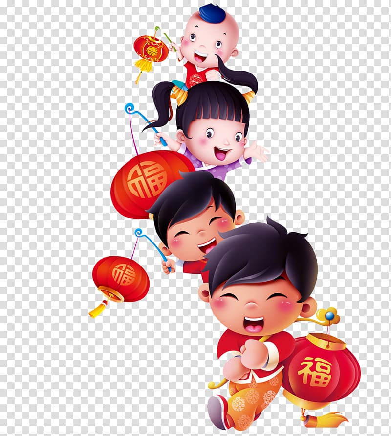 smiling toddler's holding lantern animation, Chinese New Year Papercutting Poster, New Year Fuwa Fu word WordArt lantern transparent background PNG clipart