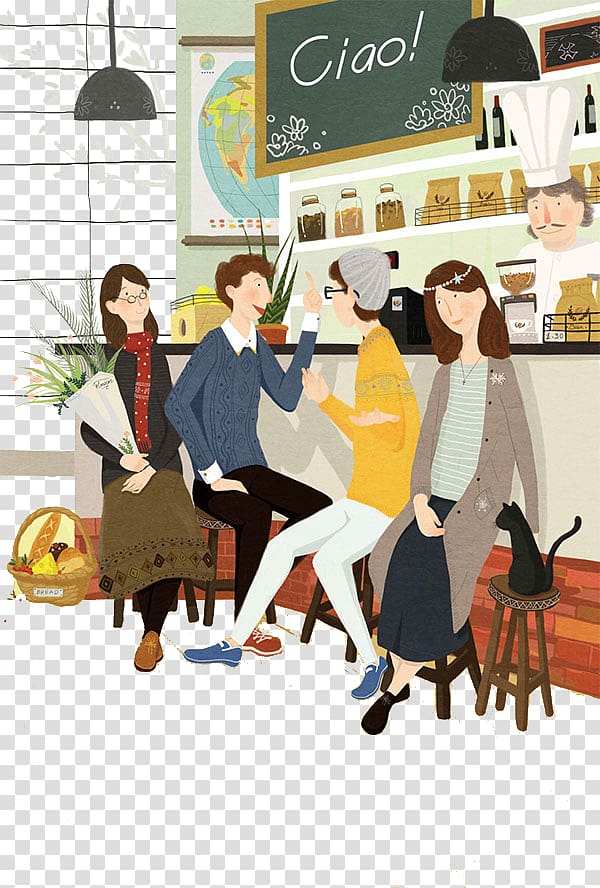 person sitting on bar counter, Cafe Model sheet Cartoon Illustration, Coffee shop for men and women transparent background PNG clipart