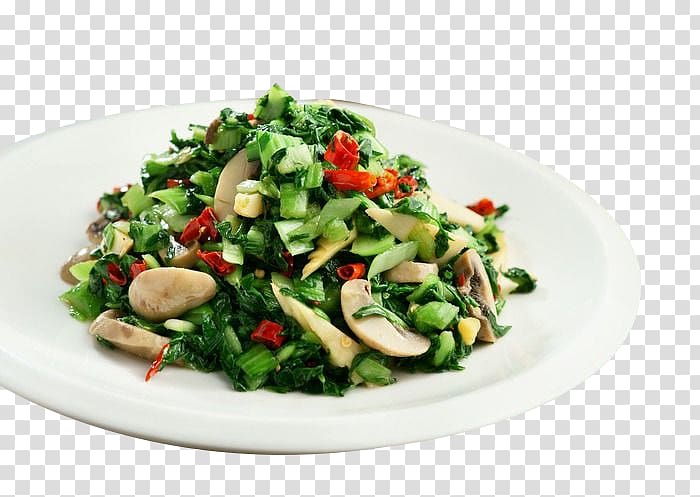 Spinach salad Chinese cuisine Vegetarian cuisine Osechi Stir frying, Hand Caichao mushrooms transparent background PNG clipart