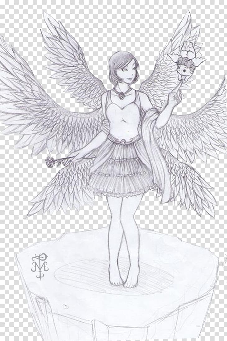 Angel Drawing Seraph Line art Sketch, winged transparent background PNG clipart