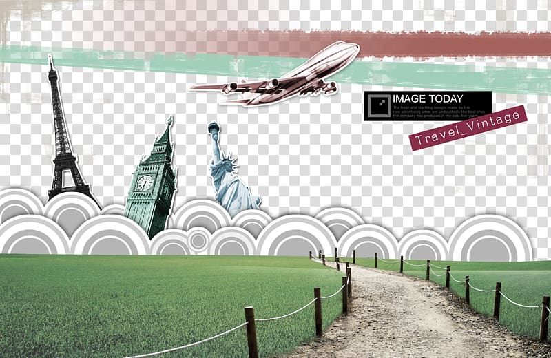 Travel Posters Building, Hand-painted Road, aircraft, statue of Liberty transparent background PNG clipart