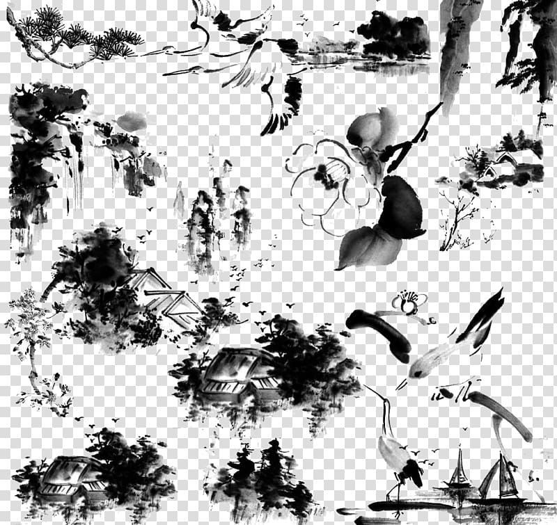 Chinoiserie Ink wash painting, China Creative Wind transparent background PNG clipart