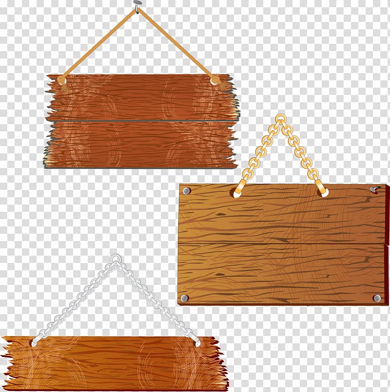 three brown wood plank hanging boards , Wood Sign Plank , metal nail transparent background PNG clipart