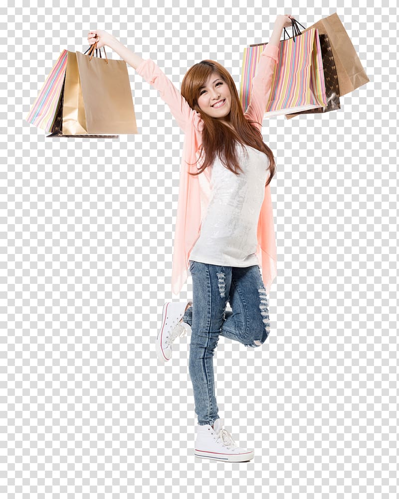 smiling woman wearing pink cardigan raising arms and carrying shopping bags, Shopping bag Shopping bag Girl Happy, Happy shopping girl transparent background PNG clipart