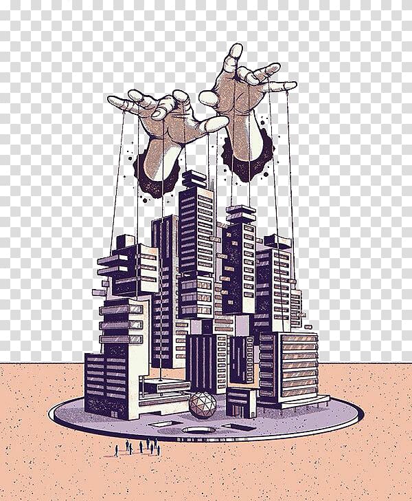 Planned economy Economic system Economics Illustration, His hands were manipulated city transparent background PNG clipart