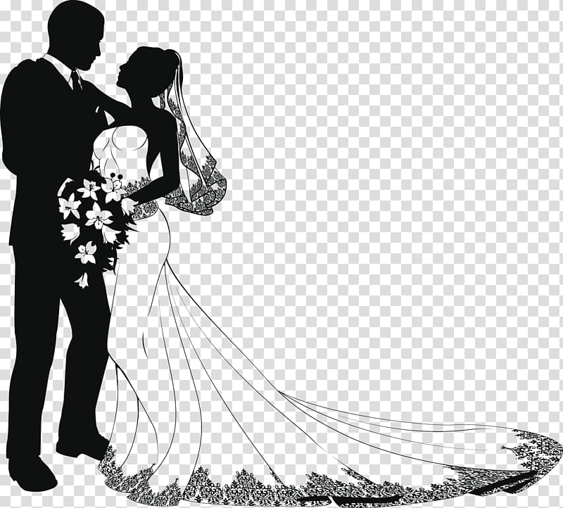 silhouette of newly wed couples illustration, Wedding Drawing Bride , groom transparent background PNG clipart